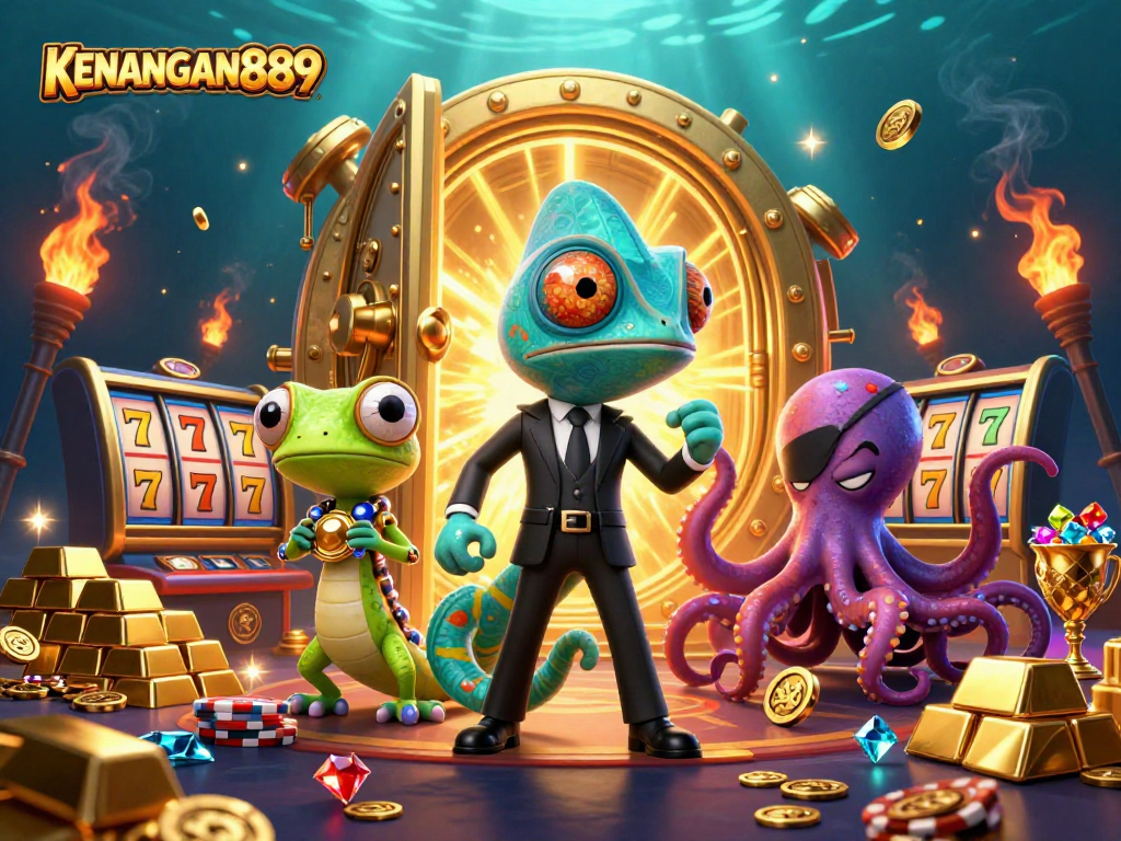 Play slots and win big at KENANGAN889 with vibrant 3D characters in a dynamic casino scene.