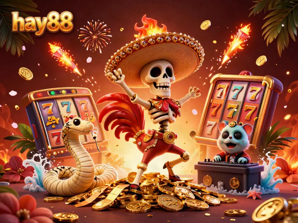 Experience excitement at hay88 with a lively 3D casino scene featuring a mariachi rooster, mummy snake, and DJ hamster.