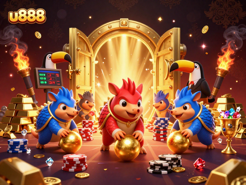 Experience the thrill at u888 with rival pangolins rolling golden balls through vibrant poker chips.