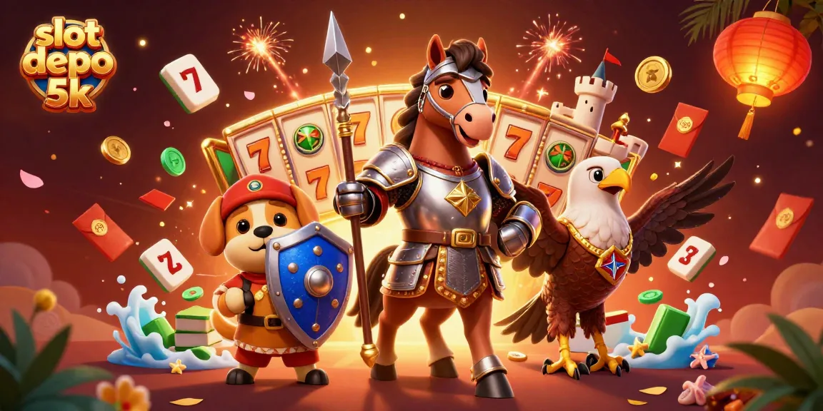 Spin the reels and feel the thrill at slot depo 5k with dynamic illustrations of knights and gaming elements.