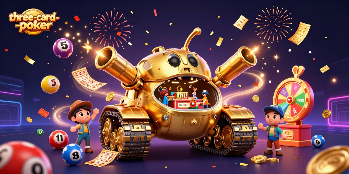 Engage in three-card-poker excitement with a vibrant casino-themed scene full of lively elements and confetti.