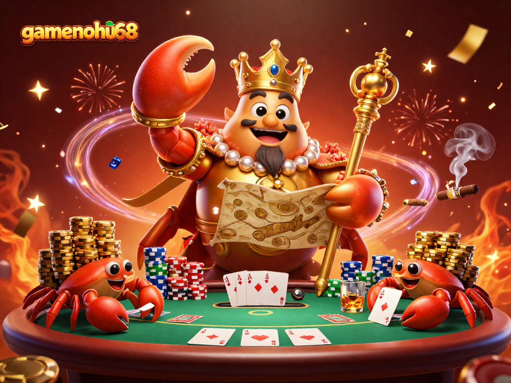 Join the exciting game scene at gamenohu68 with a golden crab emperor and vibrant poker elements.