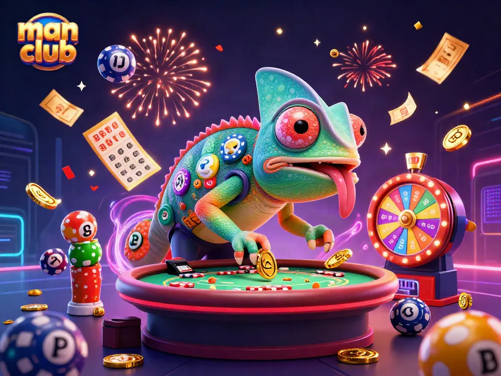 Experience thrilling fun at man club with vibrant casino elements and games in a lively 3D illustration.