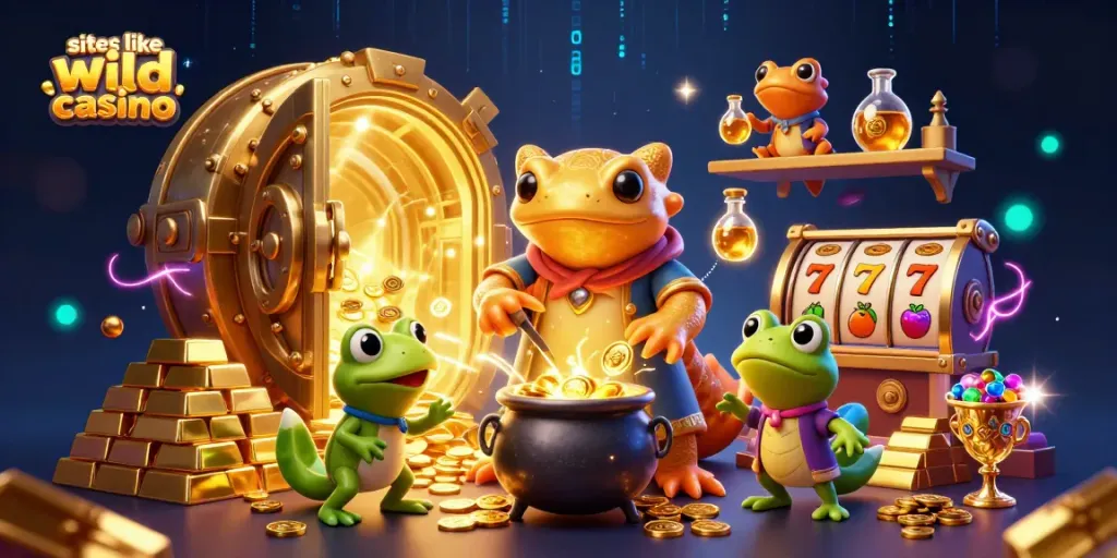 Win big at sites like wild casino with vibrant, gold-filled 3D casino scenes.