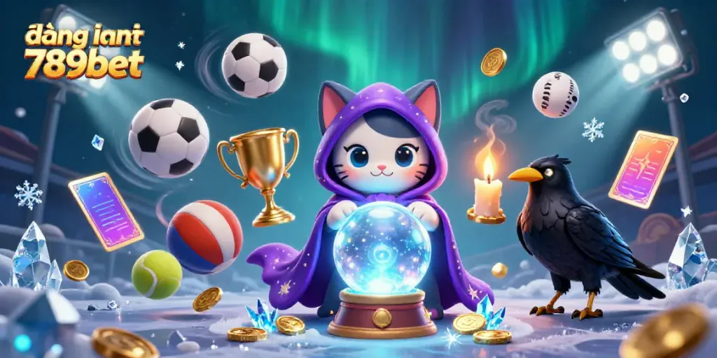 Engage with the world of đăng nhập 789bet, featuring a mystical cat, raven, and dynamic sports elements.