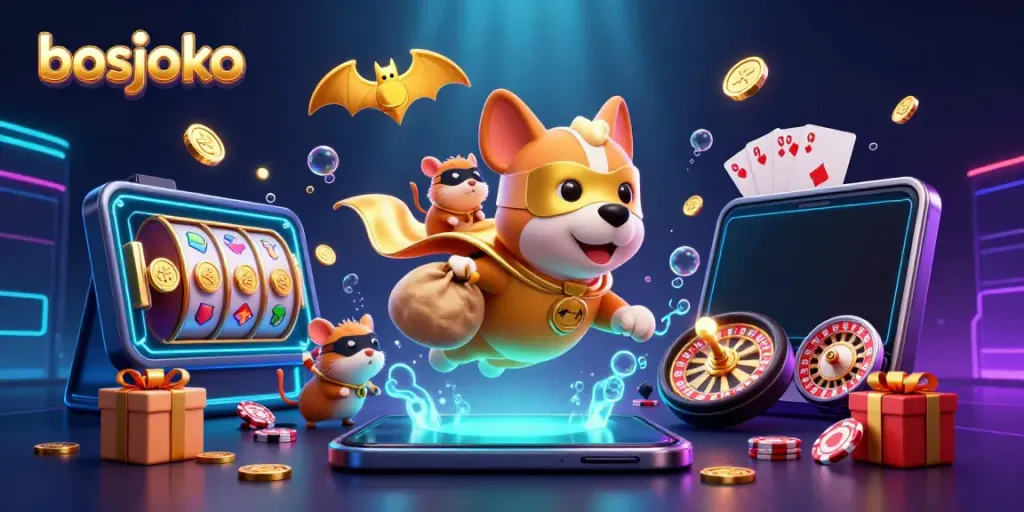 Experience the thrill of bosjoko with a superhero dog flying alongside a gold-filled adventure in a vibrant casino scene.