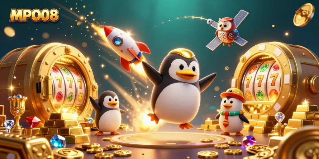 Engage with MPO08's thrilling slot experience featuring a golden penguin in a vibrant casino space scene.
