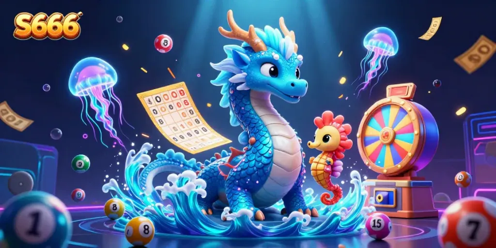 S666 offers an energetic underwater gambling scene featuring an azure dragon, seahorse knight, and dynamic lottery balls.
