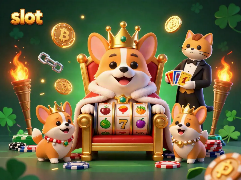 Experience thrilling slot action with royal corgis and vibrant symbols in a captivating 3D illustration.