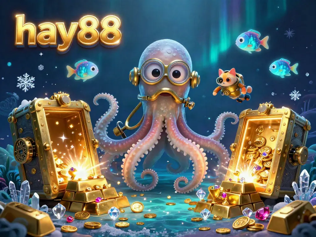 Experience excitement at hay88 with a vibrant 3D ocean-themed illustration featuring a kraken and diving cat amidst treasures.