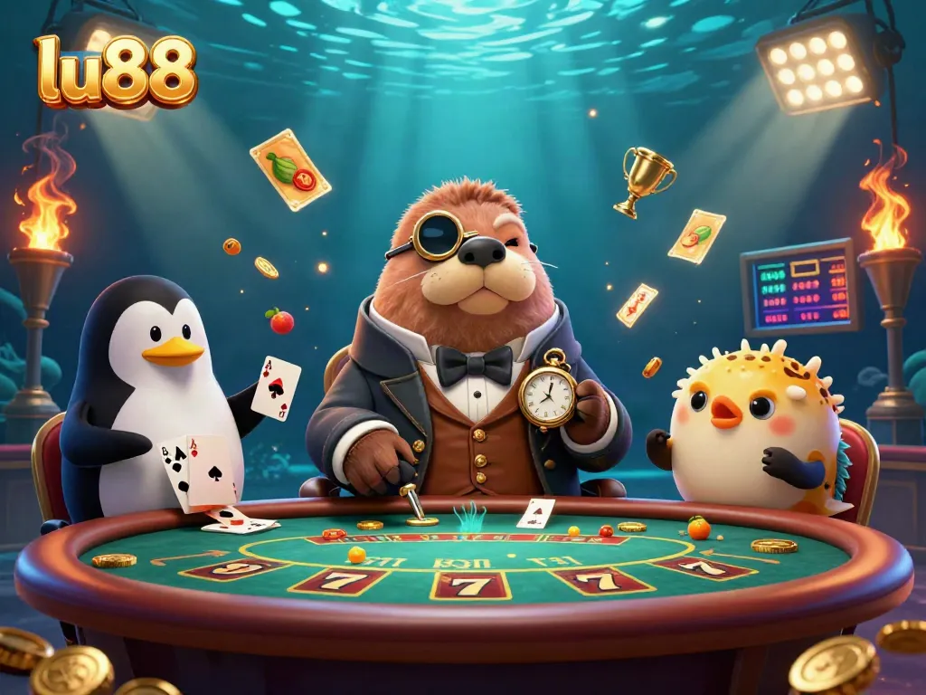 Experience thrilling poker action at lu88 with the jolly walrus, sophisticated penguin dealer, and pufferfish player.