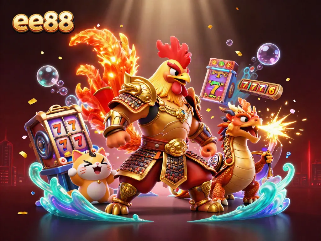 Engage in exciting gameplay with ee88's dynamic casino scene, featuring a fierce rooster warrior and dragon.