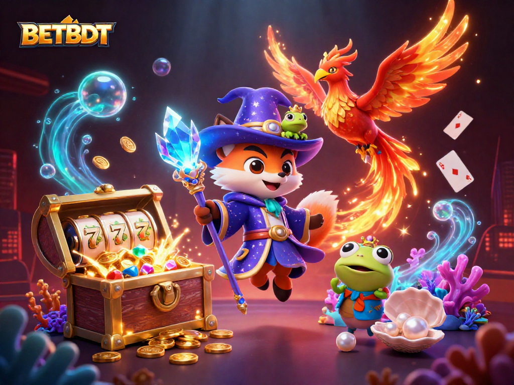 Play at BETBDT: A vibrant 3D scene with wizard fox and phoenix among treasures and slot reels