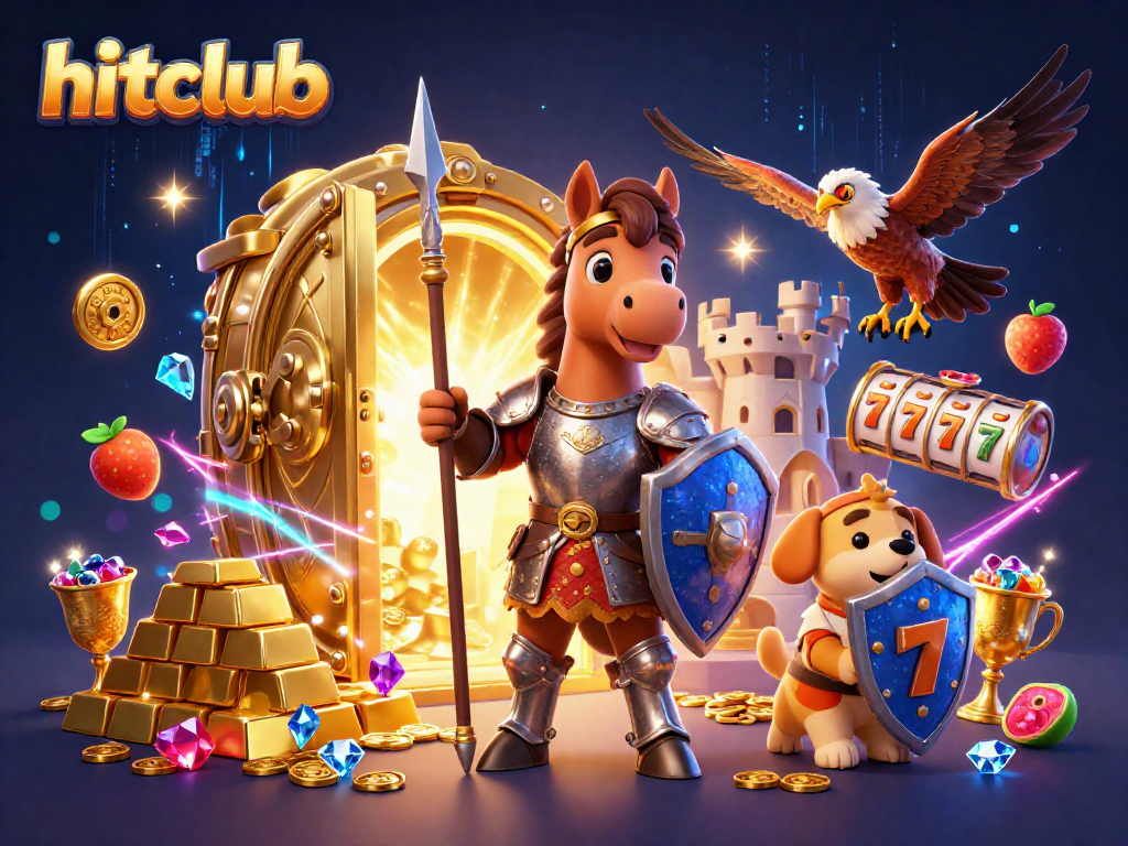 Experience action-packed slot game adventures with hitclub's vibrant casino illustration.