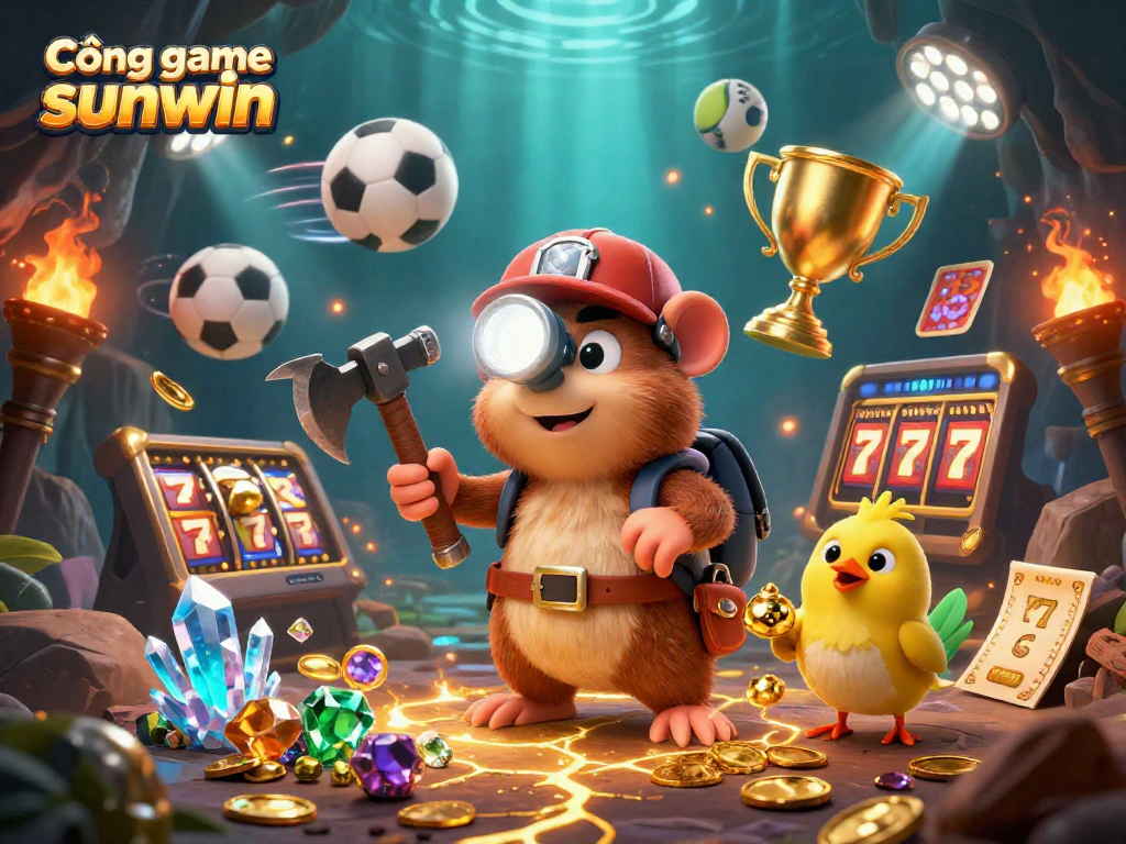 Cổng game sunwin showcases an exciting gambling adventure with vibrant characters and sports elements dynamically interacting.