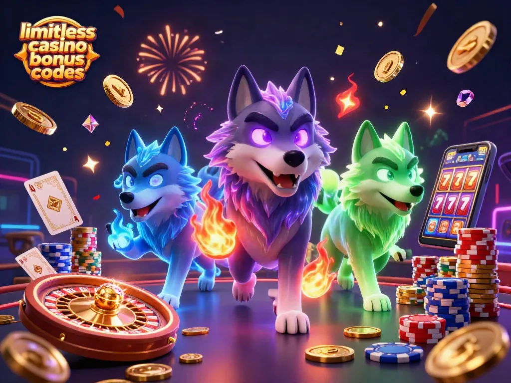 Engage with limitless casino bonus codes through a dynamic casino scene with playful wolves and vibrant gaming elements.