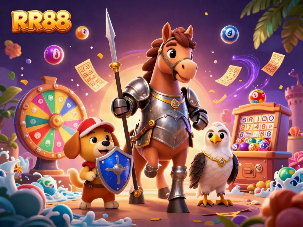 Experience the excitement of RR88 with this vibrant casino-themed scene featuring a knight, squire, and falcon.