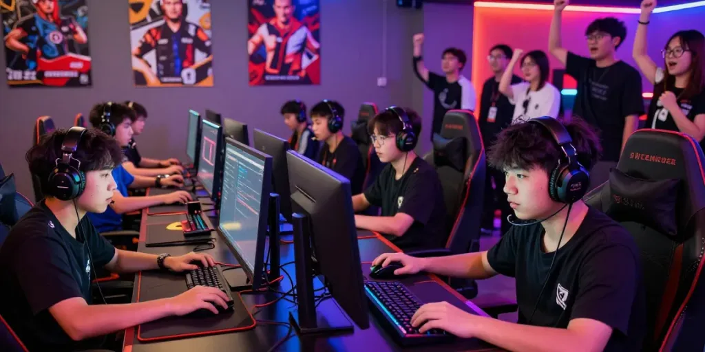 Gamers at juraganbola esports arena competing in an engaging gaming environment.