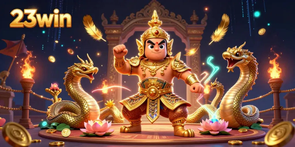 Experience the thrill of gambling with 23win in this vibrant digital illustration featuring a temple guardian and Naga companions.