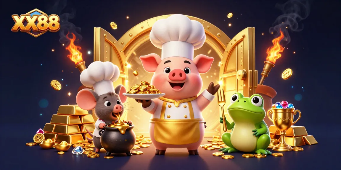 Experience the vibrant wins at XX88 with a casino scene featuring lively characters and dazzling gold.