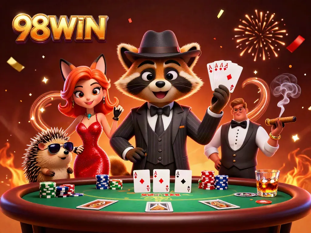 Engage in thrilling poker action with 98WIN featuring a suave raccoon, a fox lady, and a bouncer.