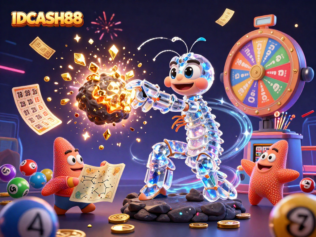 Experience the excitement of IDCASH88 with a galactic shrimp and starfish in a 3D gambling scene.