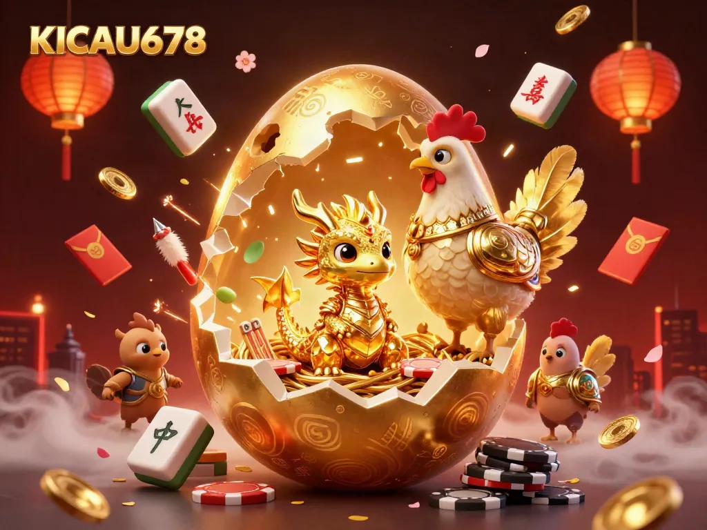 Engage with KICAU678 in a vibrant 3D casino world featuring a golden dragon and poker chips.