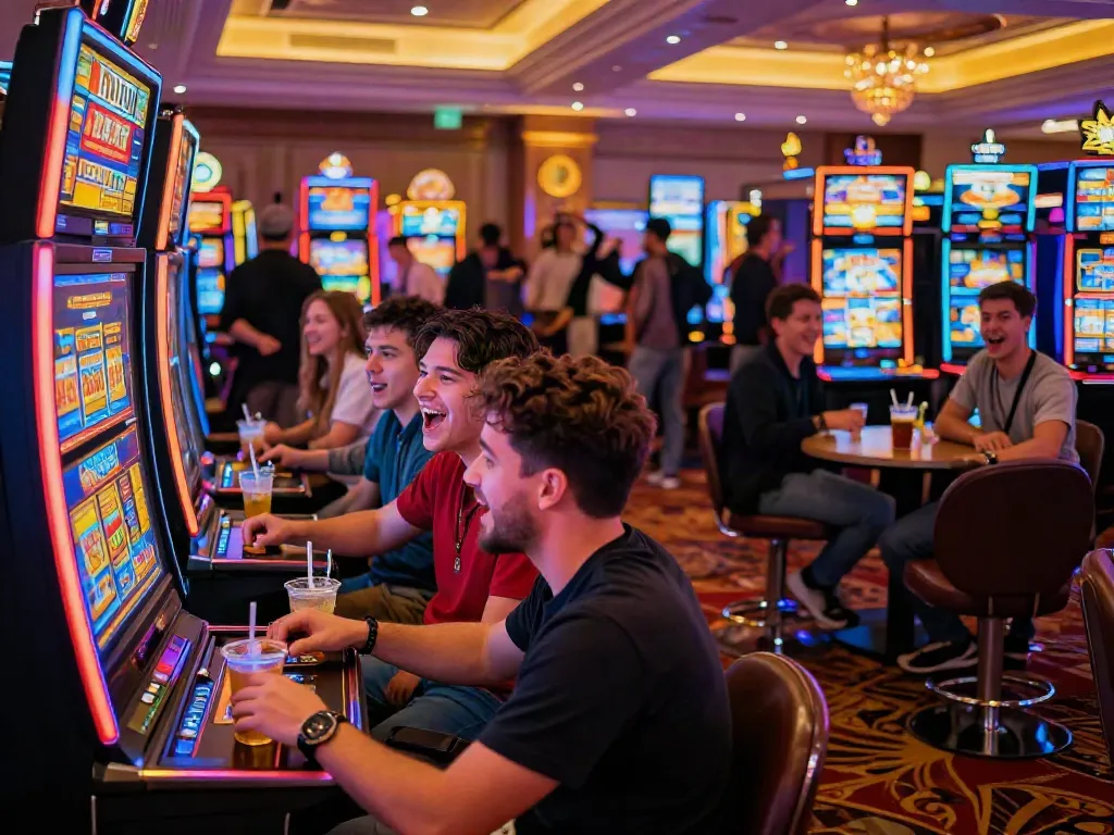 Players enjoying the Rutan Slot game in a lively casino atmosphere, neon lights and excitement.
