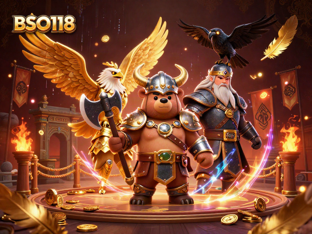 Engage in thrilling casino action with BSO118 featuring Viking and eagle characters amidst winning tokens.