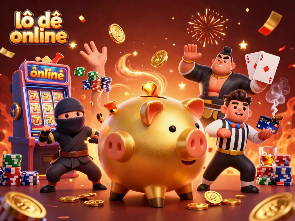 Experience the excitement of lô đề online with a cartoon sumo wrestler and ninja characters surrounded by vibrant casino elements.
