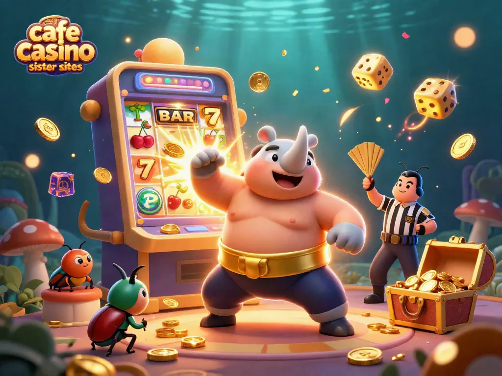 Experience the thrilling world of cafe casino sister sites through a dynamic illustration of a sumo beetle champion amidst a vibrant casino scene.
