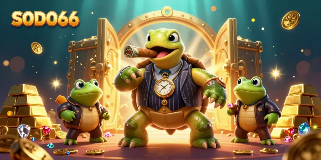 SODO66’s massive snapping turtle character in a lively casino atmosphere with gold and jewels.