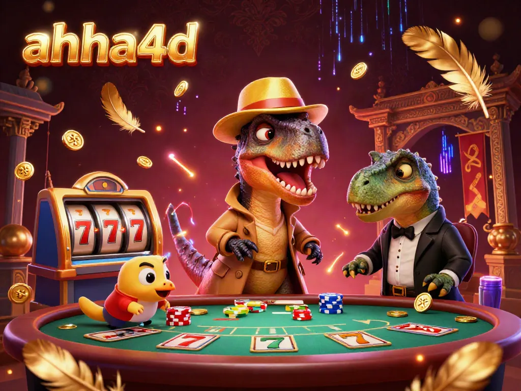 Enjoy thrilling slot action with ahha4d as a velociraptor card counter navigates a blackjack table surrounded by vibrant game elements.