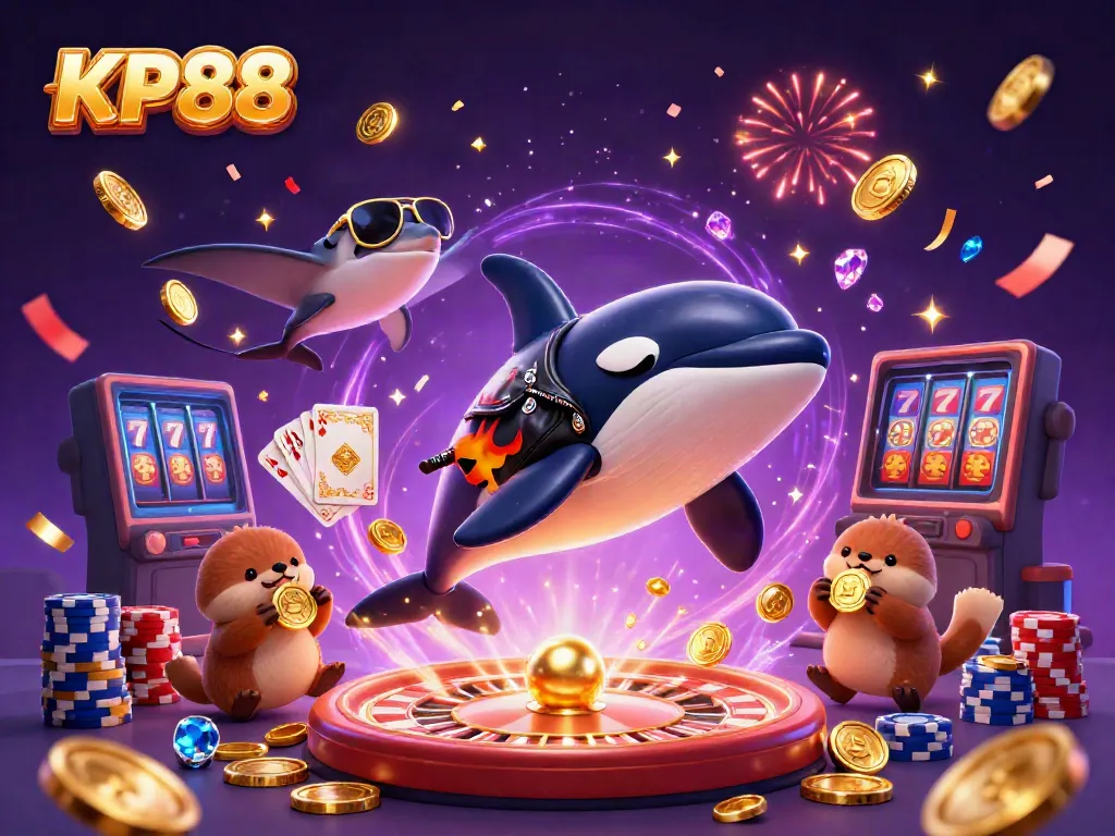 Engage with KP88's thrilling online casino world featuring an orca, stingray, and otters showered in coins.