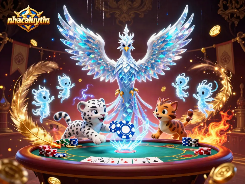Experience the thrill of nhacaiuytin while watching an ice-themed poker match with vibrant elements and magical creatures.