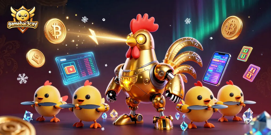 Engage in gamebai3cay with a vibrant 3D illustration of a golden rooster robot surrounded by cryptocurrency elements and slot reels.