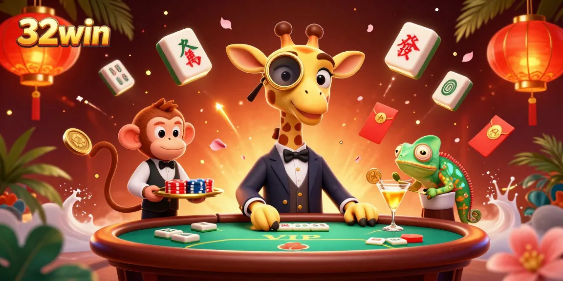 Engage with 32win's vibrant casino scene featuring animated characters and gaming elements.