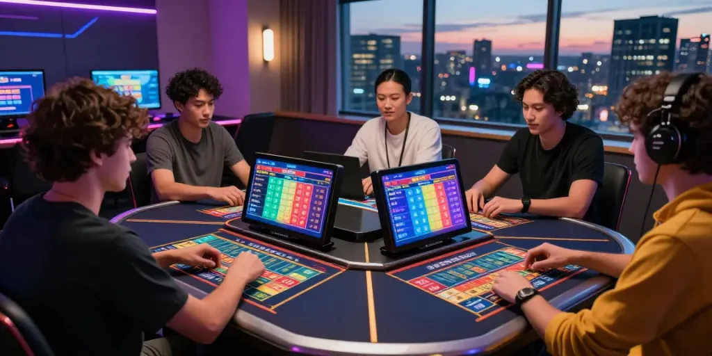 Players engaging in a thrilling toto togel game online, featuring vibrant interactive digital interfaces and a modern gaming room.
