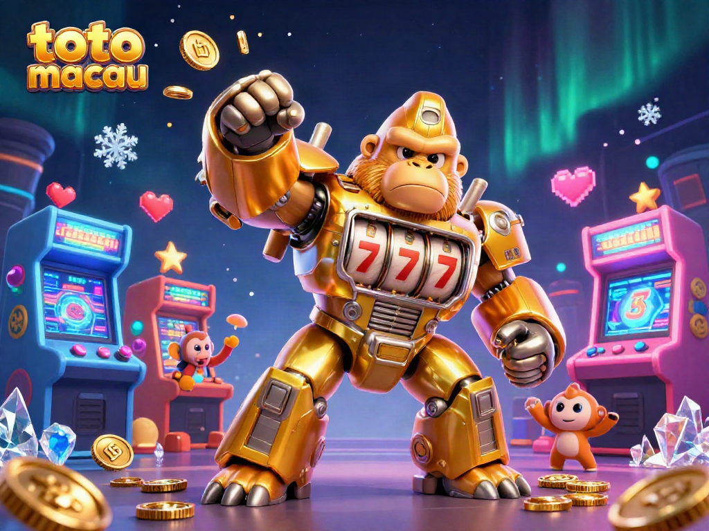 Experience thrilling gaming with toto macau in this dynamic 3D casino illustration featuring a golden gorilla mech.