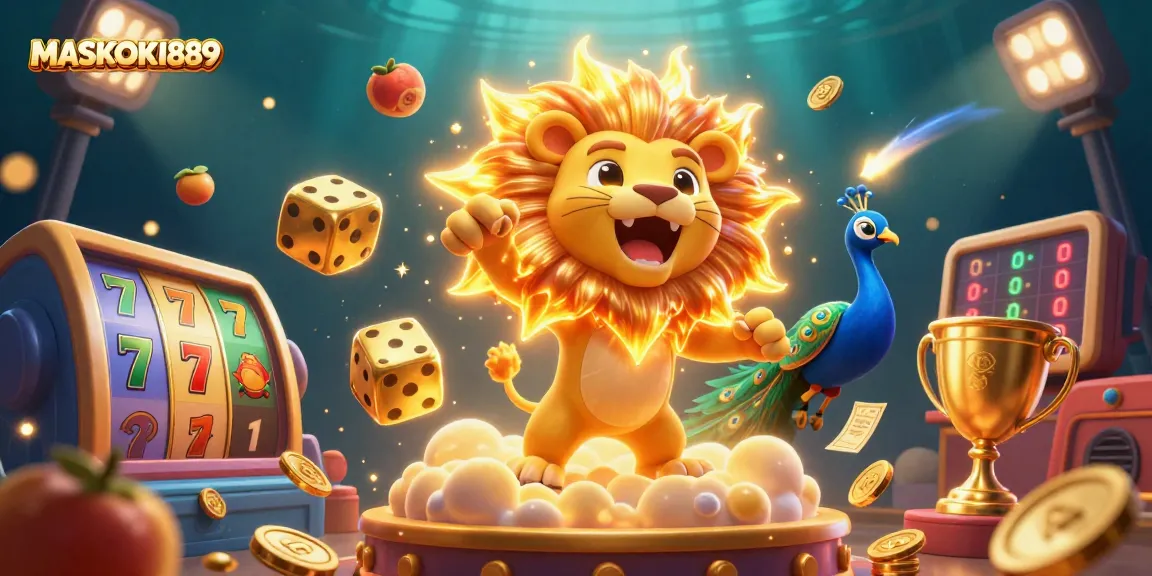 Experience the thrill of winning with MASKOKI889 in this vibrant online casino illustration featuring slot elements.