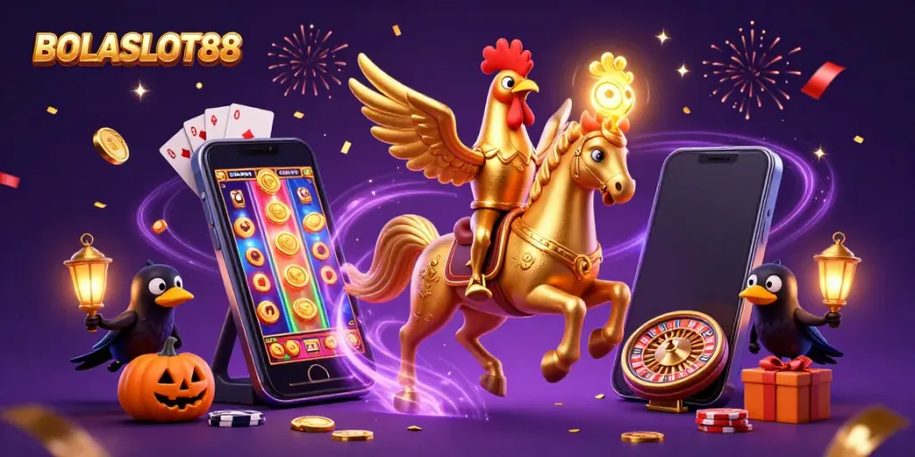 BOLASLOT88 brings an exciting casino experience with a golden rooster and crow companions amid vibrant gaming elements.