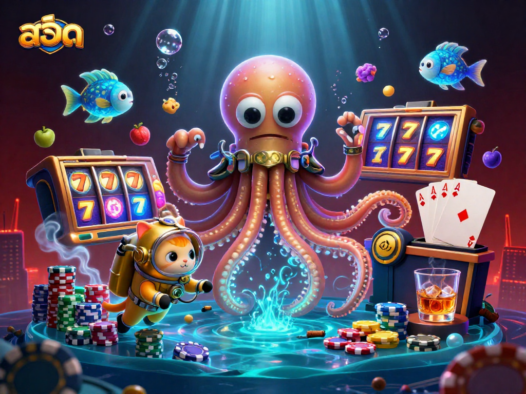 Engage with thrilling สล็อต gaming moments featuring a kraken and diving cat in a dynamic casino scene.