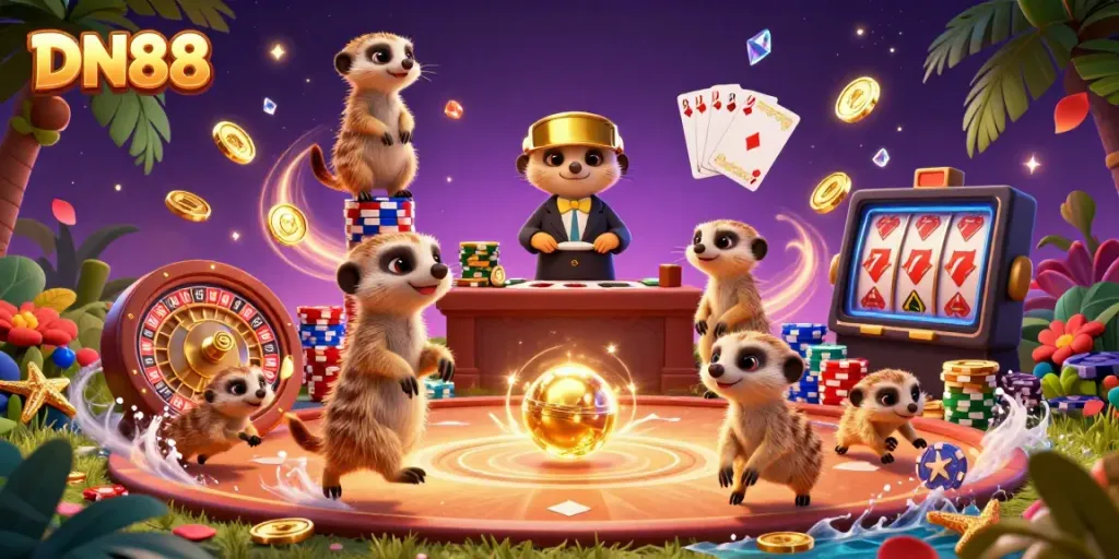 Experience the thrilling energy of DN88 with meerkats handling poker chips in an exciting casino scene.