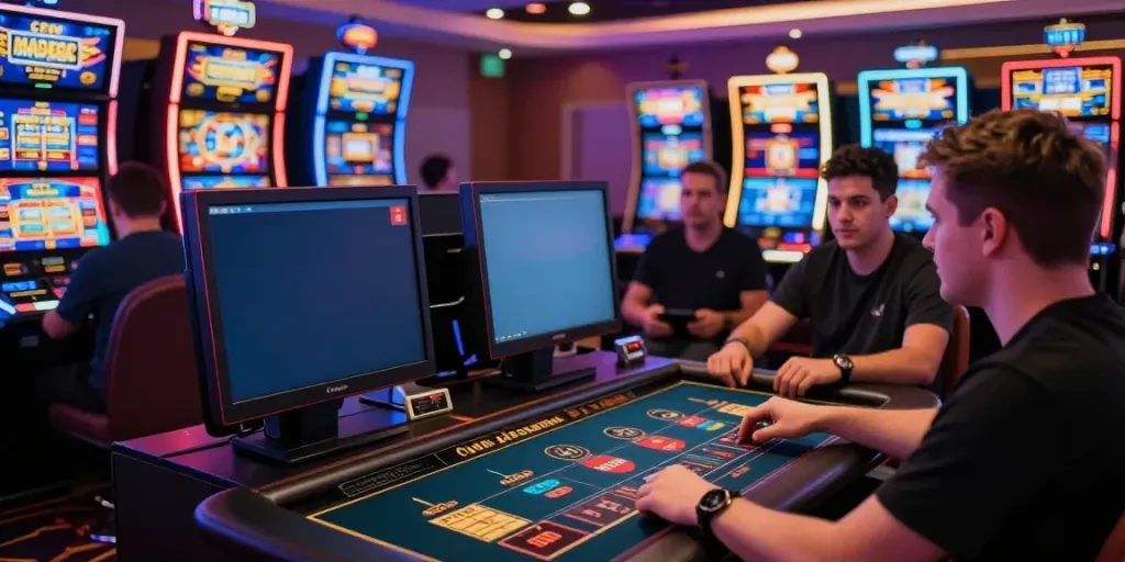 EE88 gaming environment with players enjoying live dealer games and slot machines illuminated by stylish lighting.