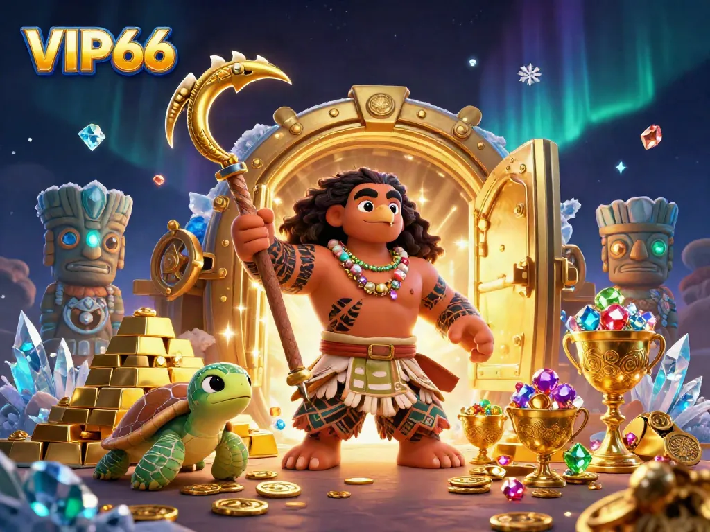 Engage in the thrilling world of VIP66 Casino with a dynamic 3D scene showcasing a demigod and treasures.