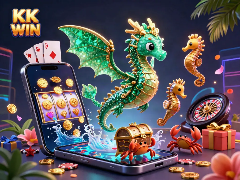 Experience the vibrant world of KK WIN featuring a majestic sea dragon, treasure, and dynamic casino elements in a captivating 3D scene.