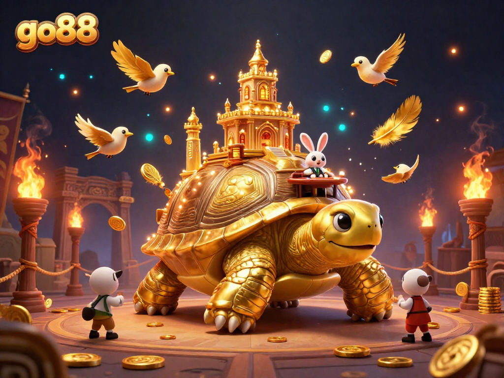 Engage with go88's thrilling casino experience featuring a golden tortoise and rabbit dealer!