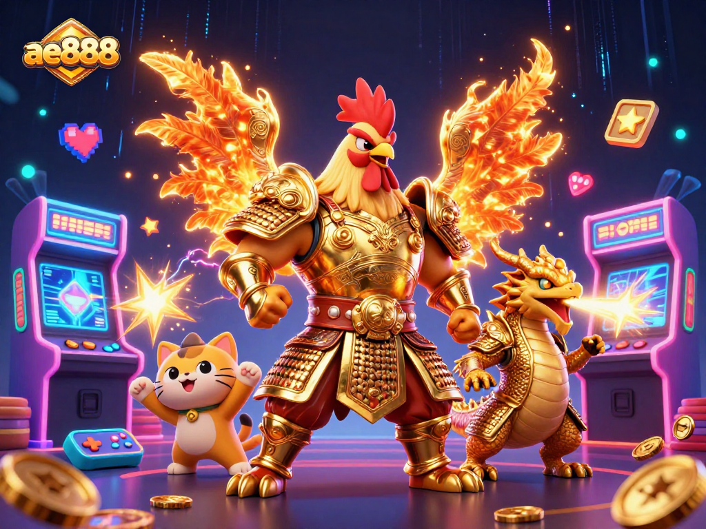 A dynamic casino-themed scene with the powerhouse ae888 characters ready for action amid glowing game machines.