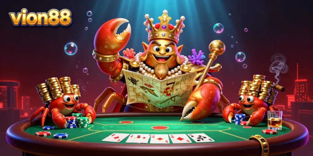 Experience the vibrant excitement of vion88 with stunning 3D casino-themed artwork showcasing a crab emperor commanding a treasure-filled poker scene.