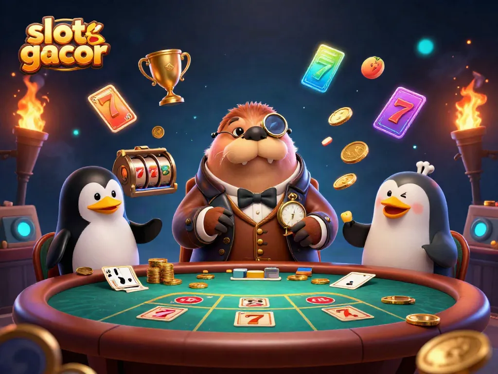 Menangkan slot gacor di meja kasino dengan walrus, penguin, dan ikan puffer dalam ilustrasi 3D.